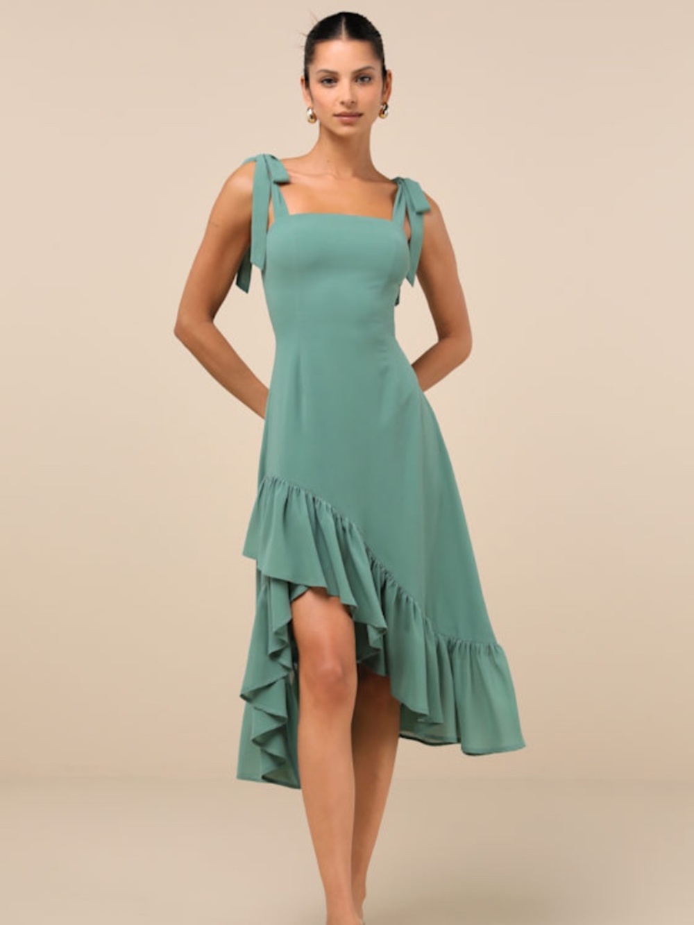 Lulus Tamryn Dark Sage Asymmetrical Ruffled Midi Dress – Size L | Excellent Used